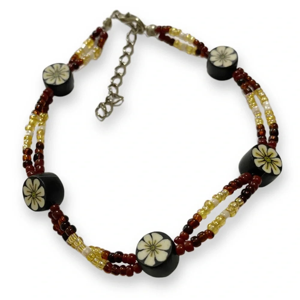 Handmade Brown & White Hibiscus Fimo Polymer Clay Beaded Boho Ankle Bracelet